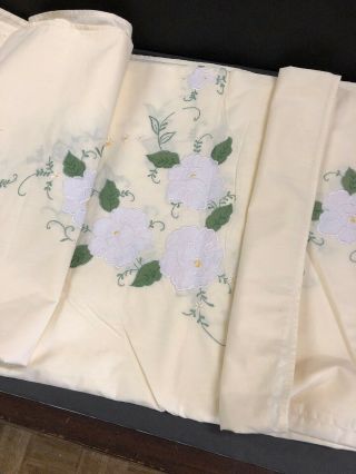 Vintage Handmade Linen Floral Embroidered Tablecloth Rectangular