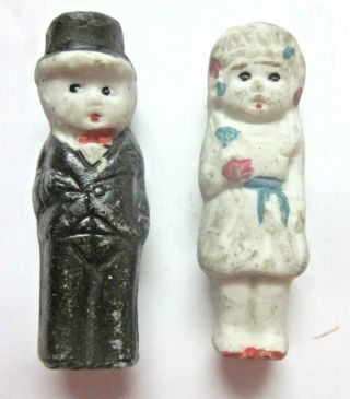 Japan 1930 Bisque Porcelain Couple 2 " Bride & Groom Wedding Cake Toppers Vintage