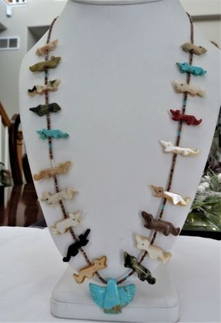 25 " Vintage Zuni Carved Turquoise Thunderbird Animal Fetish Heishi Bead Necklace