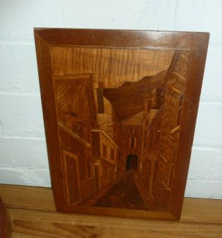 Vintage Inlaid Wooden Picture Street Scene - Marquetry - 11 1/2 Inches By 8 "
