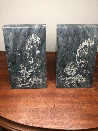 Set Of 2 - Vintage Gray Marble Bookends With White Etched Asian Design