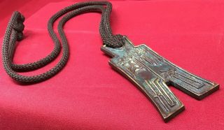 Vintage Japanese Bronze Pendant Mid Century Modern Cord Necklace Characters Mcm