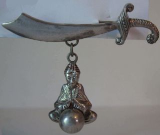 Vintage Mexico Silver Sword & Dangle Genie Pin Brooch