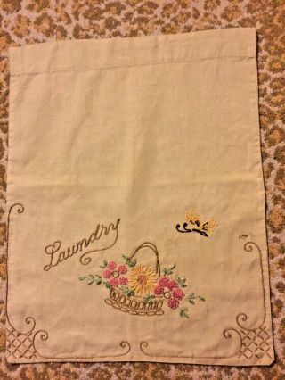 Vintage Ecru Linen Floral Basket With Butterfly Hand Embroidered Laundry Bag