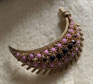 Vintage Gold Colour Brooch With Pink And Blue Stones