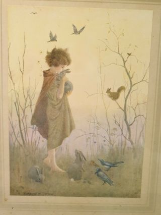 Vintage Framed Margaret Tarrant Print,  9 X 11.  5 ",  Whimsical Bunnies & Birds,  A28