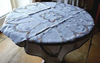 Vintage Art Deco Style Hand Embroidered Square Linen Tablecloth - Daisies 43 "