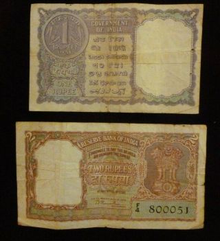 Vintage Government Of India 1951 1 One Rupee Note Reserve Bank 2 Two Rupee Note