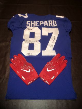 Sterling Shepard Giants Game Worn Jersey,  Gloves Set Player Signed