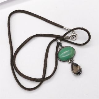 Vintage Solid Sterling Silver Modernist Green Jade Pendant And Necklace