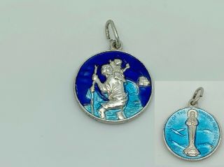 Vintage Sterling Silver Enamel Double Sided St Christopher & Virgin Mary Pendant