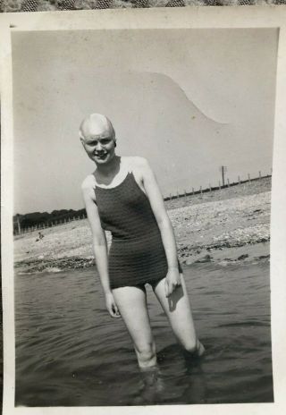 Vintage Photograph Teenage Girl Bathing Cap Swimwear Penzance Cornwall 1930’s