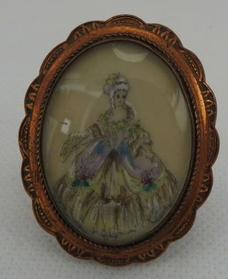 Thomas L Mott Vintage Hand Painted Crinoline Lady Gold Plated Brooch