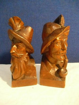 Vintage Wooden Hand Carved Male Head Bookends Black Forest Style (fn_1324)