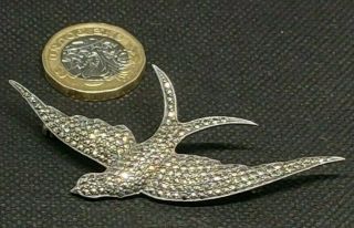 Vintage Sterling Silver & Marcasite Swallow Brooch Large Size