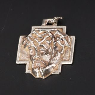 Vtg Sterling Silver - Engraved Jesus Christ Crown Of Thorns Cross Pendant - 3.  5g