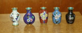 5 Vintage Chinese Miniature Cloisonne Vases 5cm Tall
