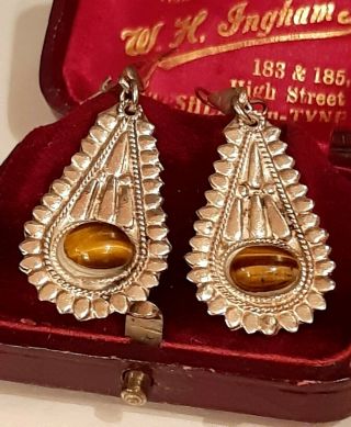 Vintage 925 Sterling Silver & Tigers Eye Dangle Drop Earrings