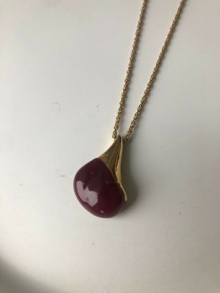 Vintage 1960 Crown Trifari Signed Gold,  Deep Red Lucite Necklace Modernist