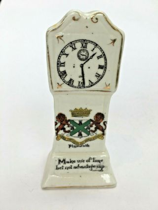 Vintage Crested China Souvenir Grandfather Clock " Make Use Of Time " Plymouth