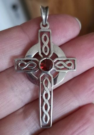 Large Vintage Sterling Silver & Garnet Celtic Cross Pendant