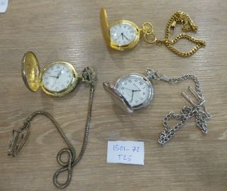 3 Quality Vintage Gents Quartz Pocket Watches With Chains