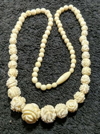 Vintage Art Deco Chinese Carved Bovine Bone Bead Flower Necklace.  Graduated.