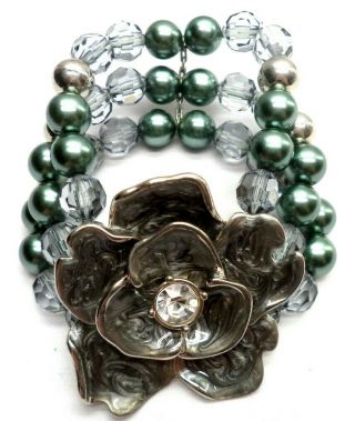 Stunning Vintage Estate Chunky Rhinestone Flower Stretch Bracelet 3994i