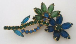 Vintage Sapphire - Blue/emerald - Green Rhinestone Flower Brooch
