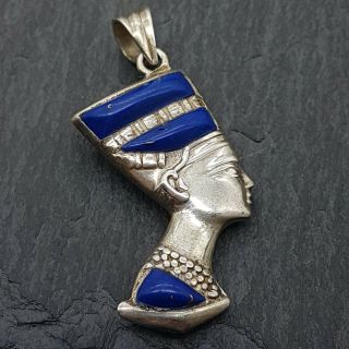 Vtg Sterling Silver Egyptian Nefertiti Bust Pendant - Lapis & Turquoise - 30mm -