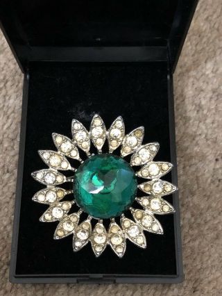 Vintage Sarah Coventry Signed Silver Tone Brooch Pin Green Stone Rhinestone