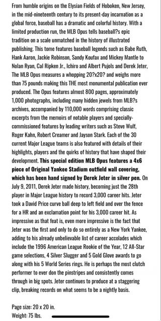 10/222 Derek Jeter Signed Yankee Stadium Wall MLB Opus Book 75Lb 20x20 $4500srp 5