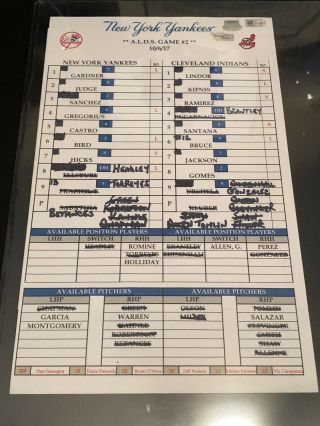 2017 Alds Game 2 Lineup Card York Yankees Cleveland Indians 13 Innings