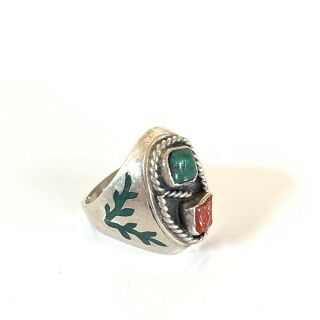 Vintage Sterling Silver Navajo Turquoise And Coral Ring 37