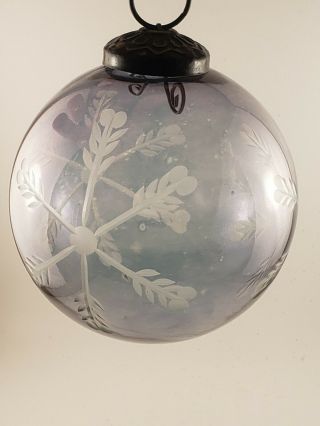 Vintage 4 " Glass Etched Kugel Blown Christmas Tree Ornament Blue