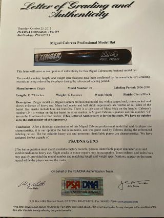 Miguel Cabrera Game Bat Psa/dna Certified And Graded 9.  5