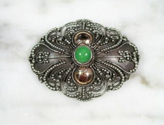 Vtg Bali Granulated Sterling Silver Gold Green Glass Cabochon Brooch C Clasp