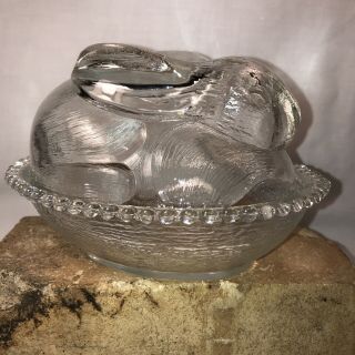 Vintage Indiana Glass Crystal Clear Bunny On A Nest Candy/trinket Dish Easter