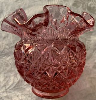 Vintage Fenton Art Glass Cranberry Pink Ruffled Footed Bowl Vase 4 1/4”