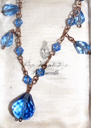Blue Faceted Cut Glass Crystal Drop Bead Necklace Art Deco Vintage Rolled Gold