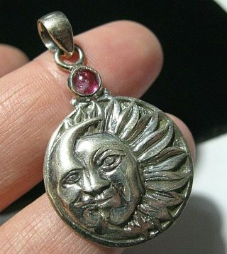 Vintage Style Sterling Silver Crescent Moon & Sun Tourmaline Necklace Pendant