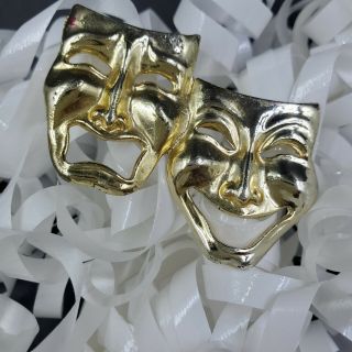 Vintage Gold Tone Drama Theater Comedy Tragedy Masks Faces Brooch Pin 3