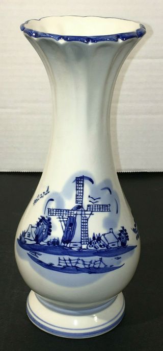 Vintage Delft Blue Bud Vase Windmill Leaf Motif 8 " Hand Painted Ts Holland