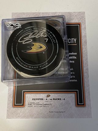 Game Goal Puck Anaheim Ducks Andrew Cogliano Signed Autographed Perry