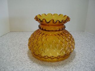 Vintage Amber Diamond Quilted Glass Huricane Lamp Shade With Ruffled Top Edge