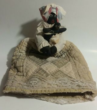 Vintage Rag Quilt Black Primitive Doll With Baby.  Handmade Folk Art