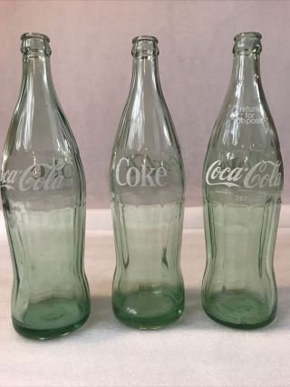 (3) Vintage 26 Oz.  Coca Cola Large Size Green Glass Bottles Pa Ohio Nd