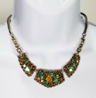 Vtg Signed Barclay Necklace 14 " Multi Colored Rhinestones Gold Plated 1950s