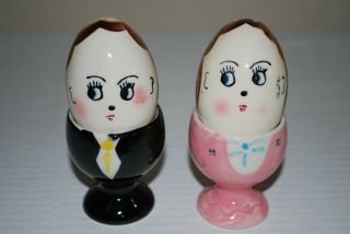 Vintage 4pc Anthropomorphic Man & Woman Couple Salt & Pepper Shakers Egg Cup Set