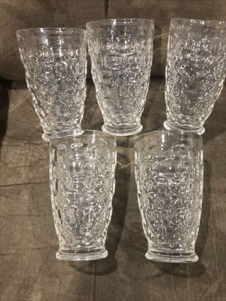 Set Of 5 Vintage Clear Pressed Glass Drinking Glass Cube Pattern 5.  25” Tall